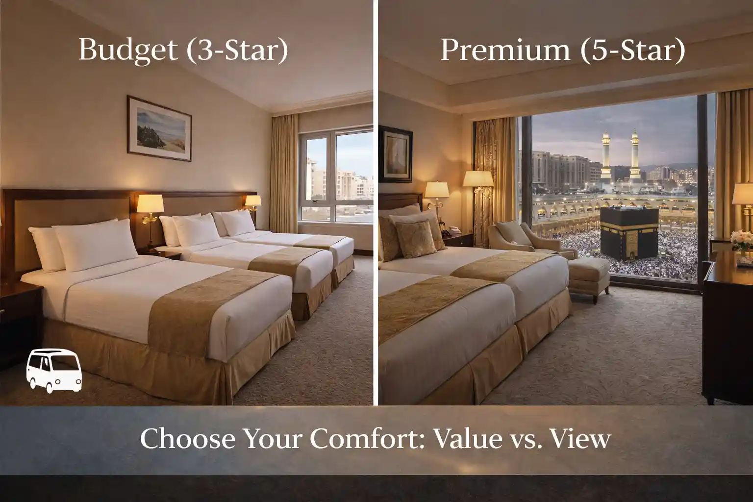 3 star vs 5 star Umrah hotel comparison budget vs premium Kaaba view