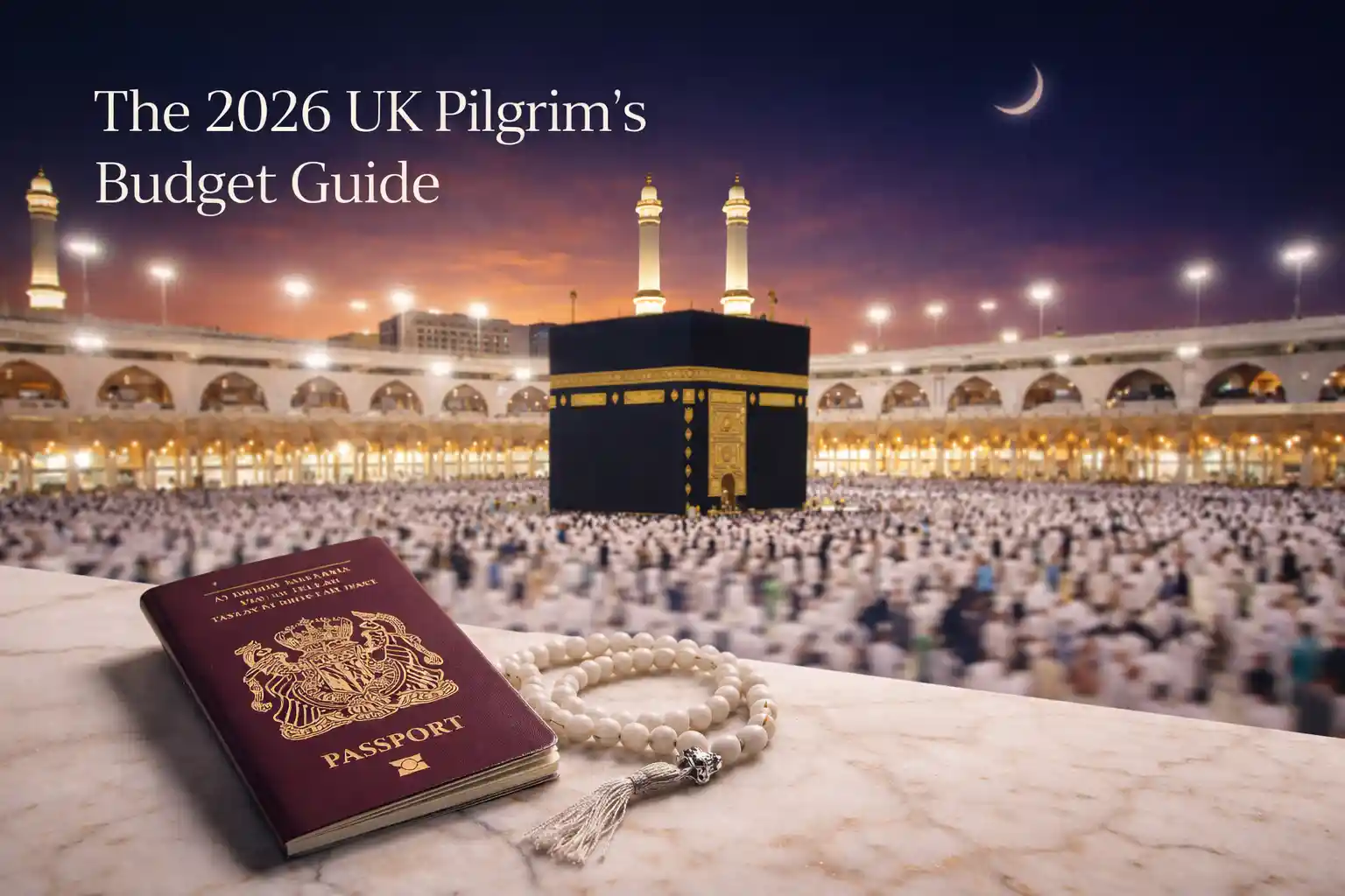 Cheap Umrah from UK 2026 – Kaaba at twilight with UK passport and prayer beads