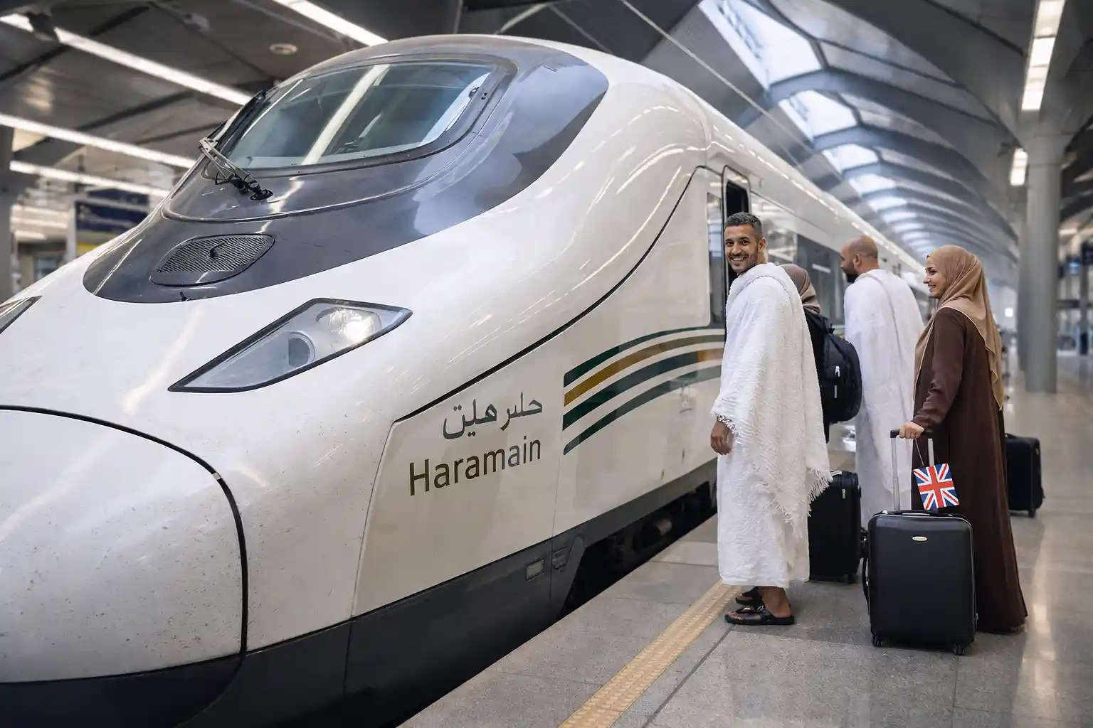 British pilgrims boarding Haramain high speed train between Makkah and Madinah