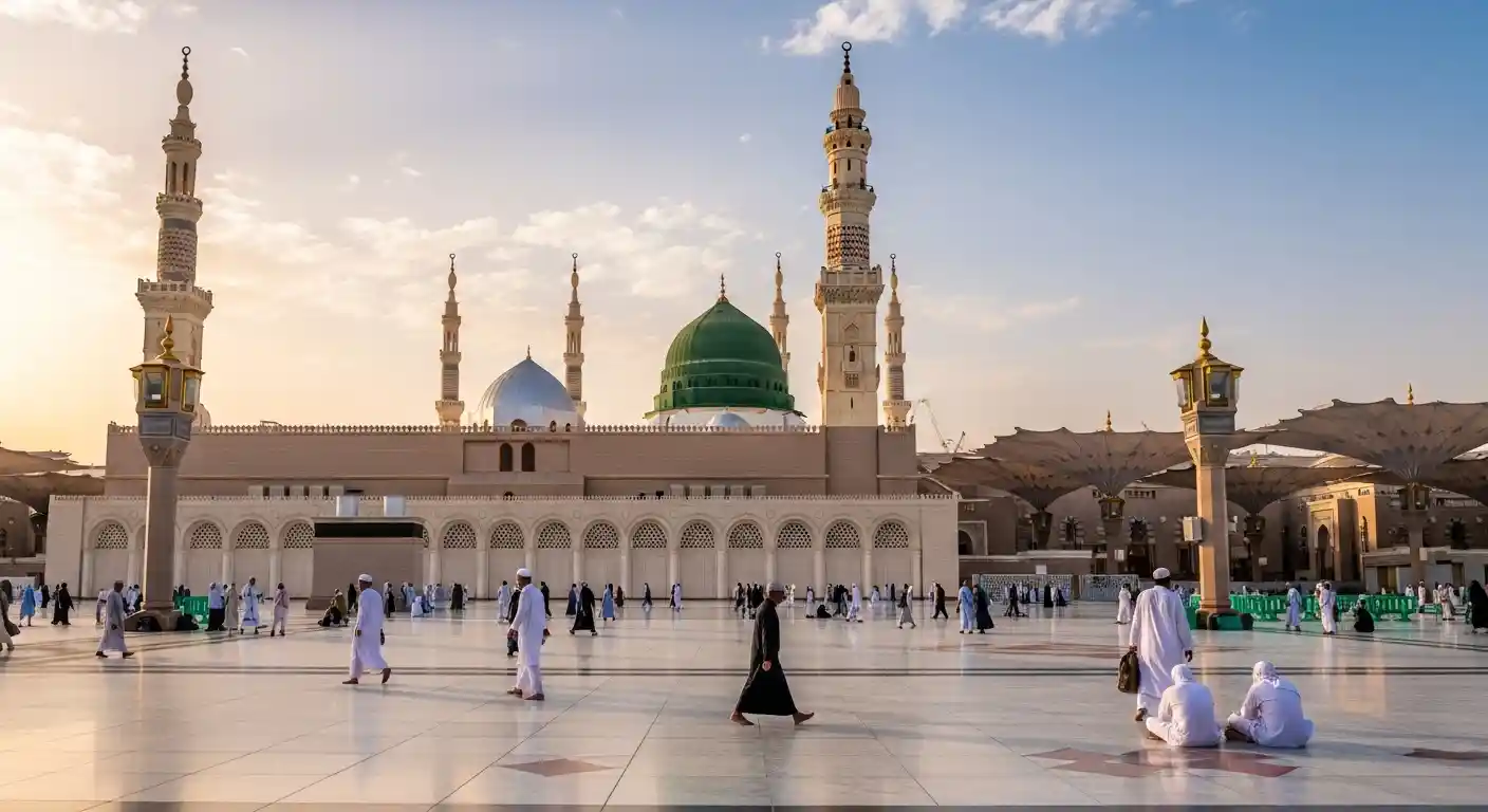 Masjid An Nabawi in Madinah with its beautiful gardens