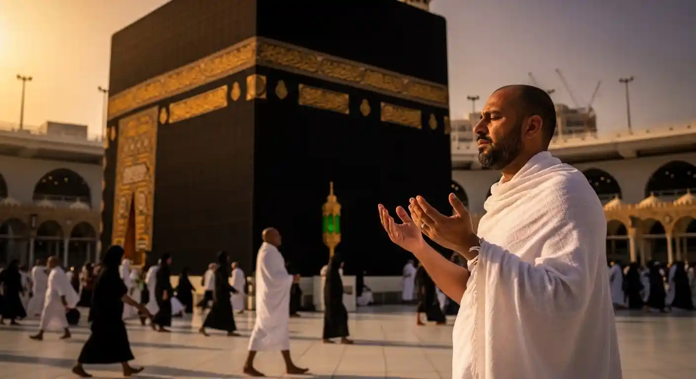 Pilgrim in spiritual devotion making dua at the Kaaba