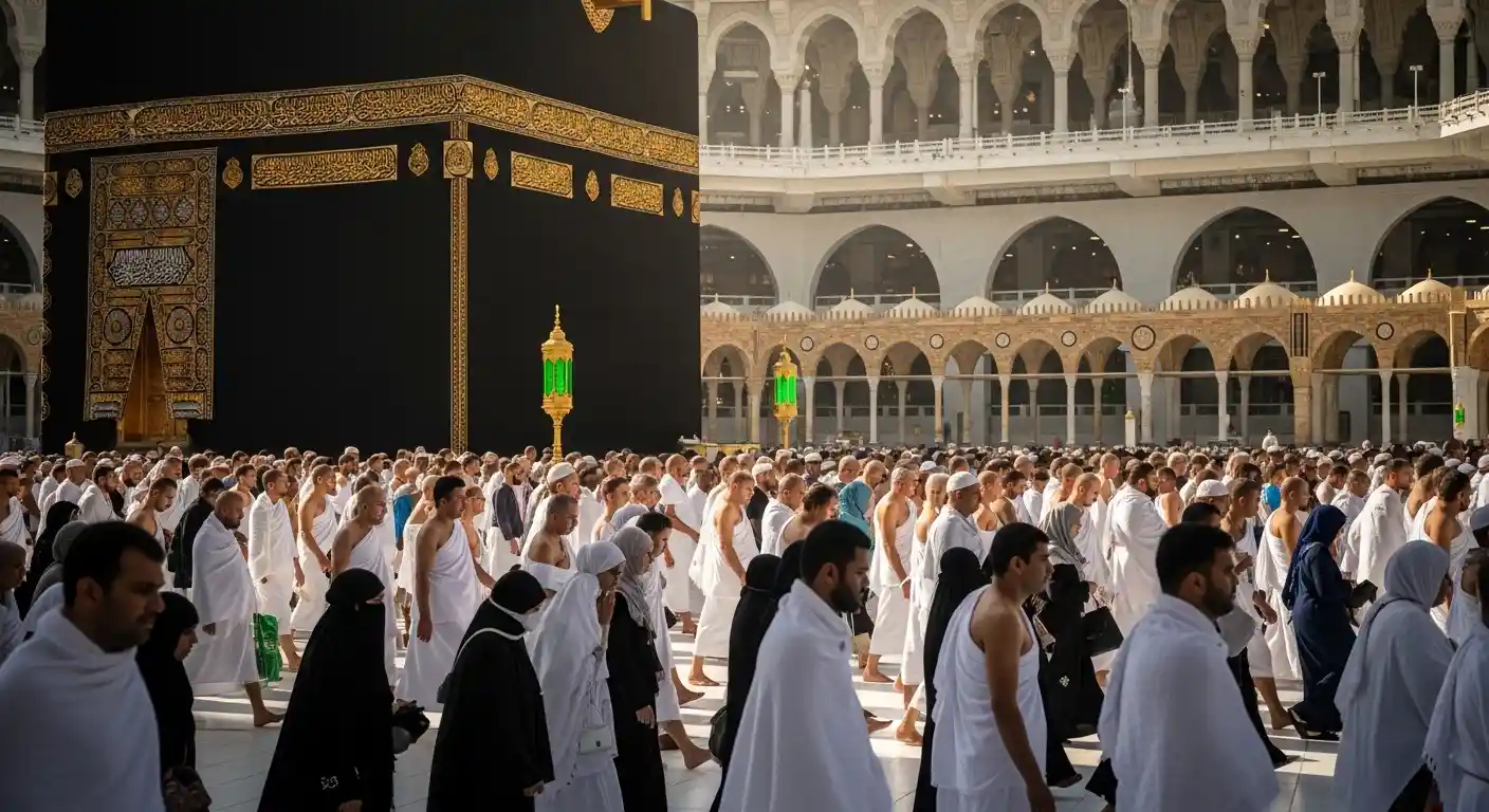 Pilgrims performing Tawaf around the Kaaba