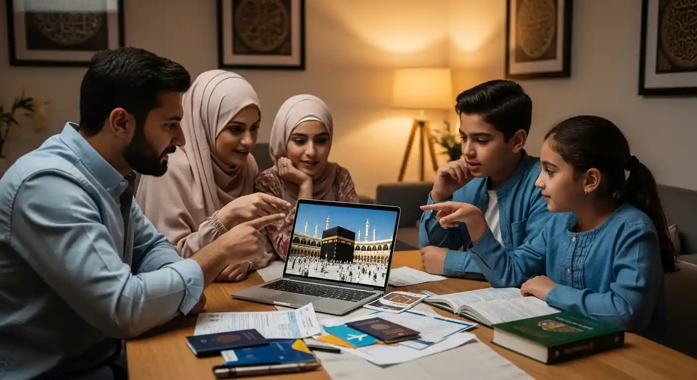 UK Muslim family planning their Umrah journey