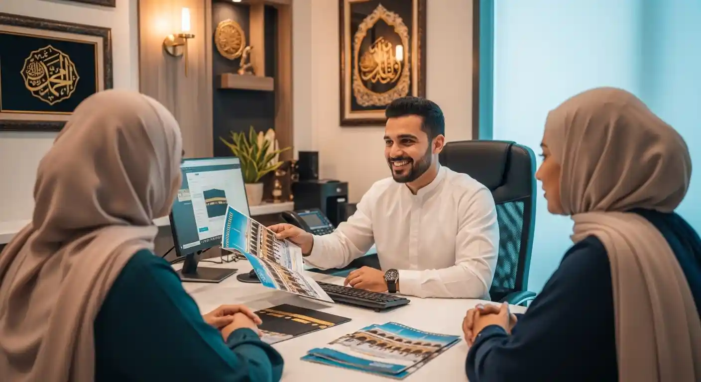 Professional travel agency consultant helping clients with Umrah bookings